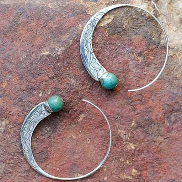 Large Silver Tone Feather Spiral Earrings in Turquoise Blue #1314 - Picture 3 of 8